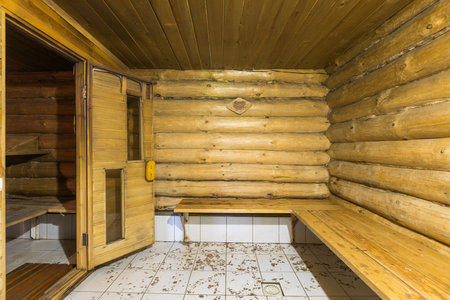 steam room lined with woodの写真素材