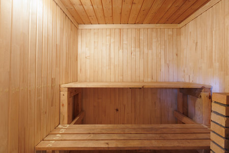 steam room lined with woodの写真素材