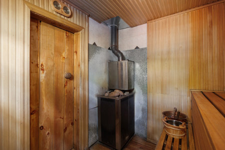 steam room lined with woodの写真素材
