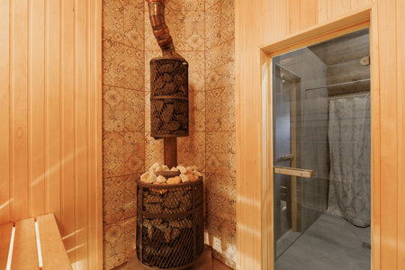 steam room lined with woodの写真素材
