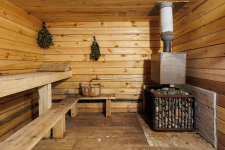 steam room lined with woodの写真素材