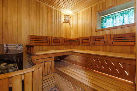 steam room lined with woodの写真素材
