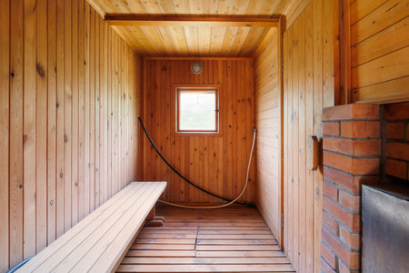 steam room lined with woodの写真素材
