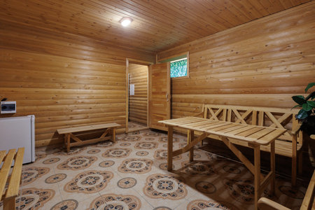 steam room lined with woodの写真素材