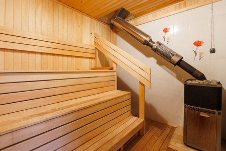 steam room lined with woodの写真素材