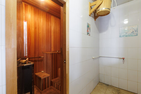 steam room lined with woodの写真素材