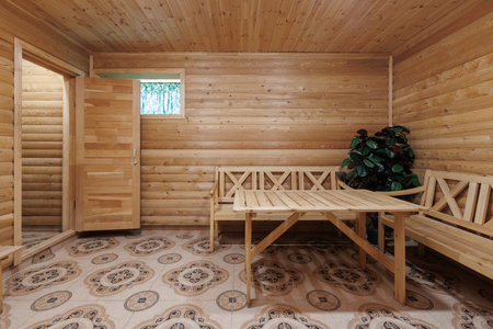 steam room lined with woodの写真素材