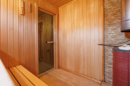 steam room lined with woodの写真素材