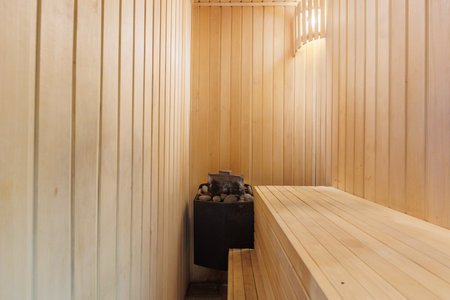 steam room lined with woodの写真素材
