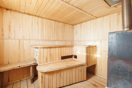 steam room lined with woodの写真素材