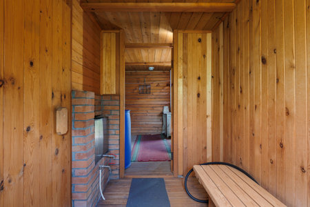 steam room lined with woodの写真素材