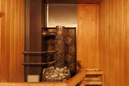 steam room lined with woodの写真素材