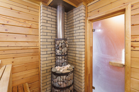 steam room lined with woodの写真素材