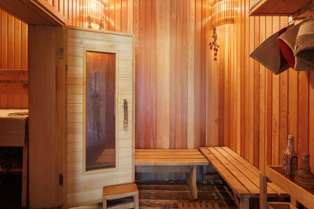 steam room lined with woodの写真素材