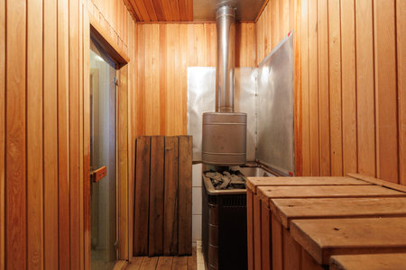 steam room lined with woodの写真素材
