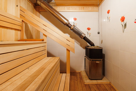 steam room lined with woodの写真素材