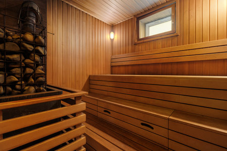 steam room lined with woodの写真素材