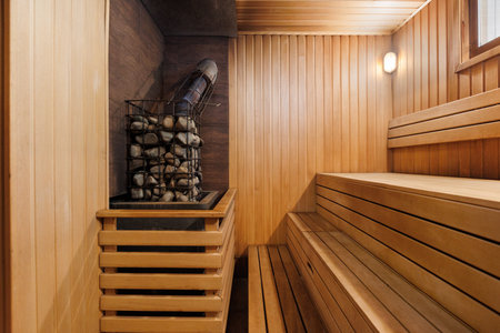 steam room lined with woodの写真素材