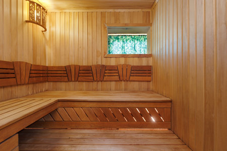 steam room lined with woodの写真素材