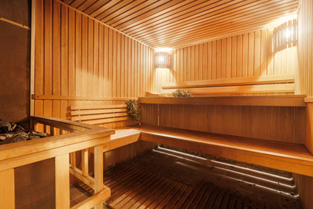 steam room lined with woodの写真素材