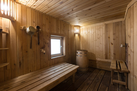 steam room lined with woodの写真素材