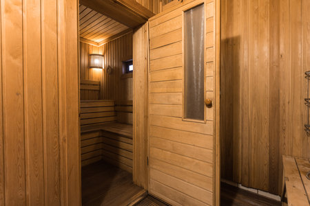 steam room lined with woodの写真素材