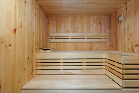 steam room lined with woodの写真素材