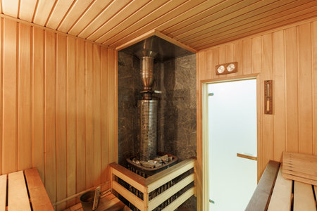 steam room lined with woodの写真素材