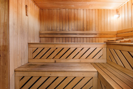 steam room lined with woodの写真素材