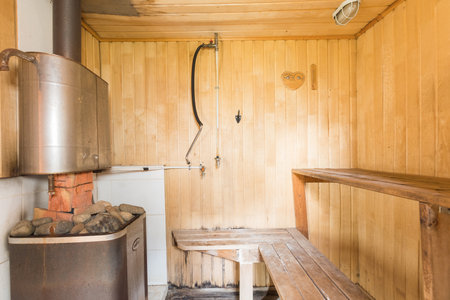 steam room lined with woodの写真素材