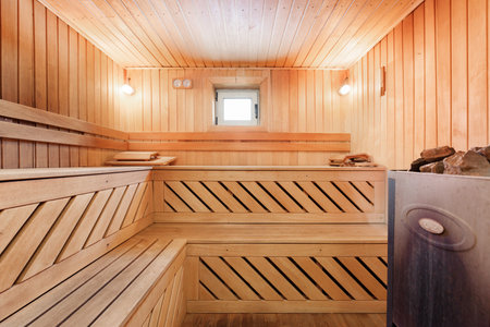 steam room lined with woodの写真素材