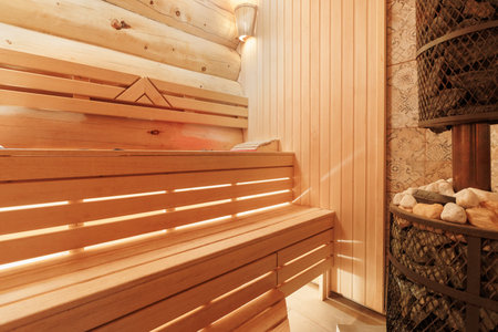 steam room lined with woodの写真素材