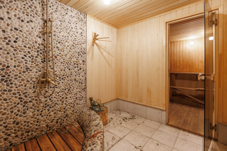 steam room lined with wood bath saunaの写真素材