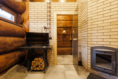 steam room lined with wood bath saunaの写真素材