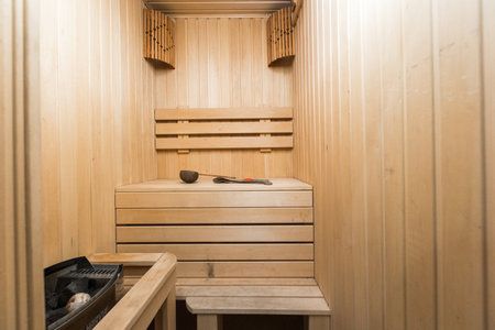 steam room lined with wood bath saunaの写真素材