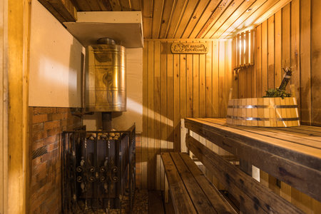 steam room lined with wood bath saunaの写真素材