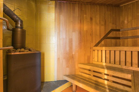 steam room lined with wood bath saunaの写真素材