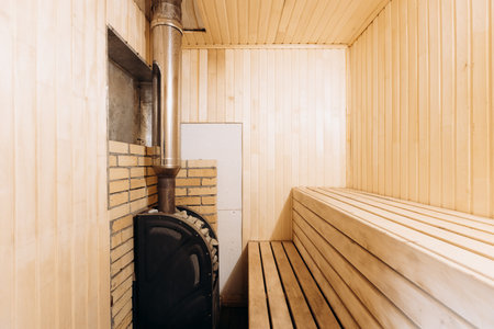 steam room lined with woodの写真素材