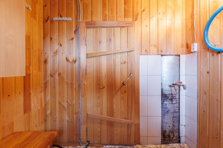 steam room lined with woodの写真素材