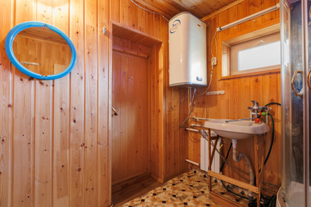 steam room lined with woodの写真素材