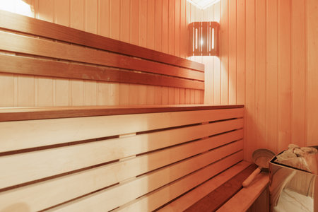 steam room lined with woodの写真素材