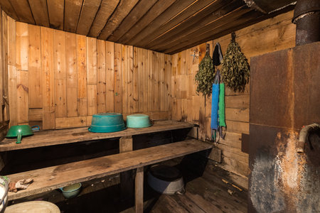 steam room lined with woodの写真素材