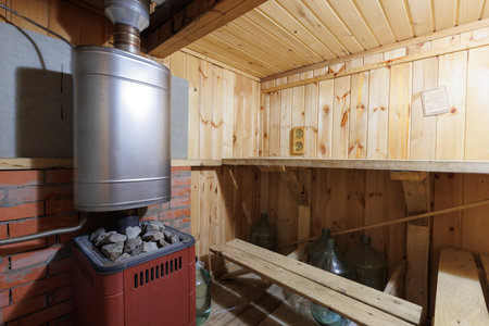 steam room lined with woodの写真素材