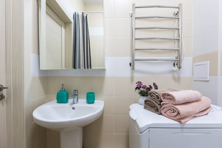 modern bathroom room with toilet and washing machineの写真素材