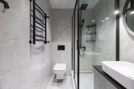 modern bathroom room with toilet and washing machineの写真素材