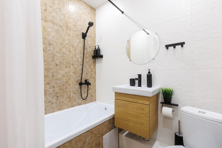 modern bathroom with bathtub and vanityの写真素材