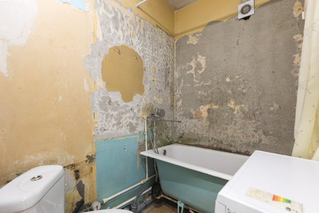 old bathroom with damaged walls, peeling paint, bathtub and washing machineの写真素材