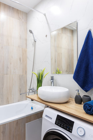 modern bathroom room with toilet and washing machine