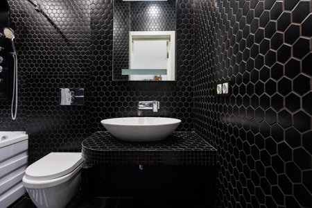 modern bathroom with black hexagonal tile walls and white fixturesの写真素材