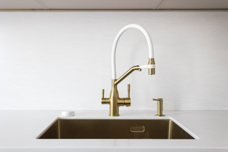 kitchen faucet on a stylish metal sinkの写真素材
